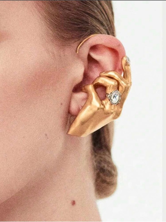 Jewelry - Gold Sculptural Hand Ear Cuff with Crystal Accent